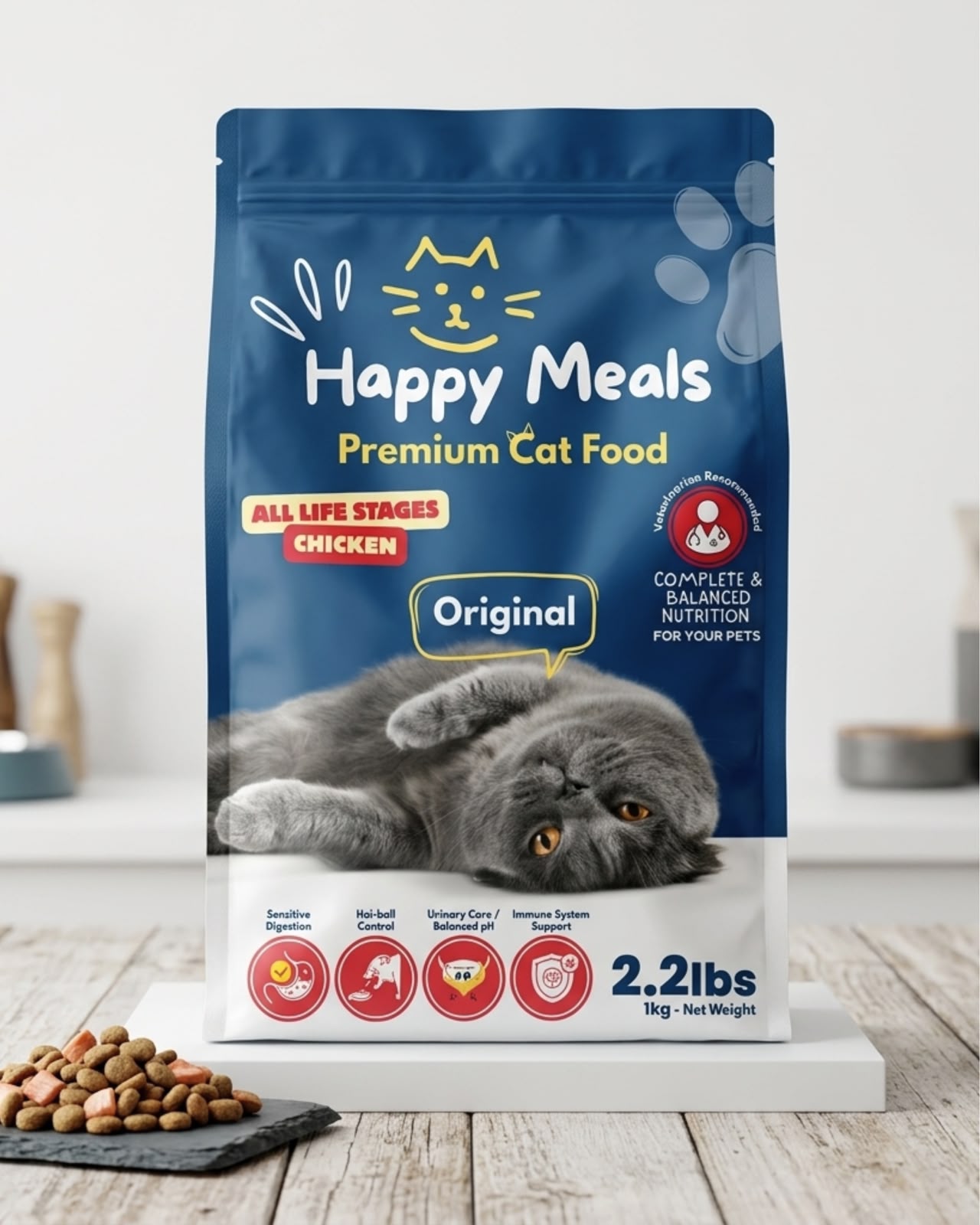 Happy Meals Premium Cat Food, chicken formula, in a navy pack